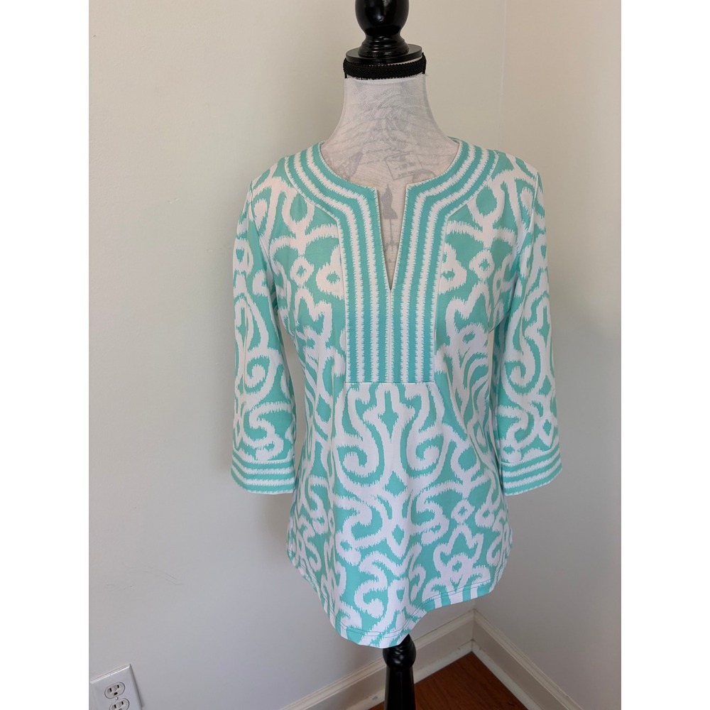 Gretchen Scott Tunic Women Small Aqua Ikat Preppy Coastal Resortwear Split Neck